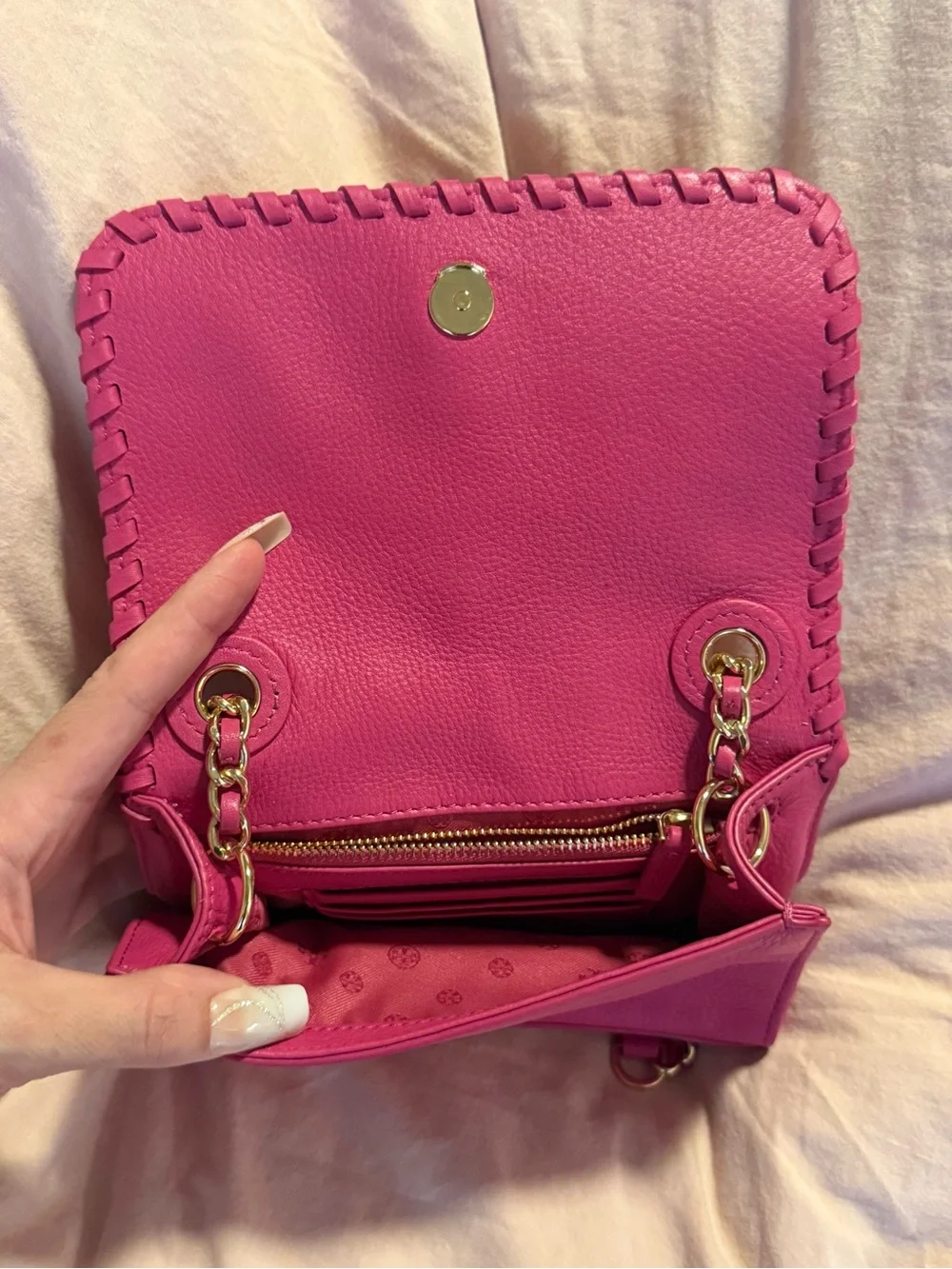 Tory Burch Mini Marion Fuchsia Leather Whipstitch Crossbody Bag with Gold Chain
